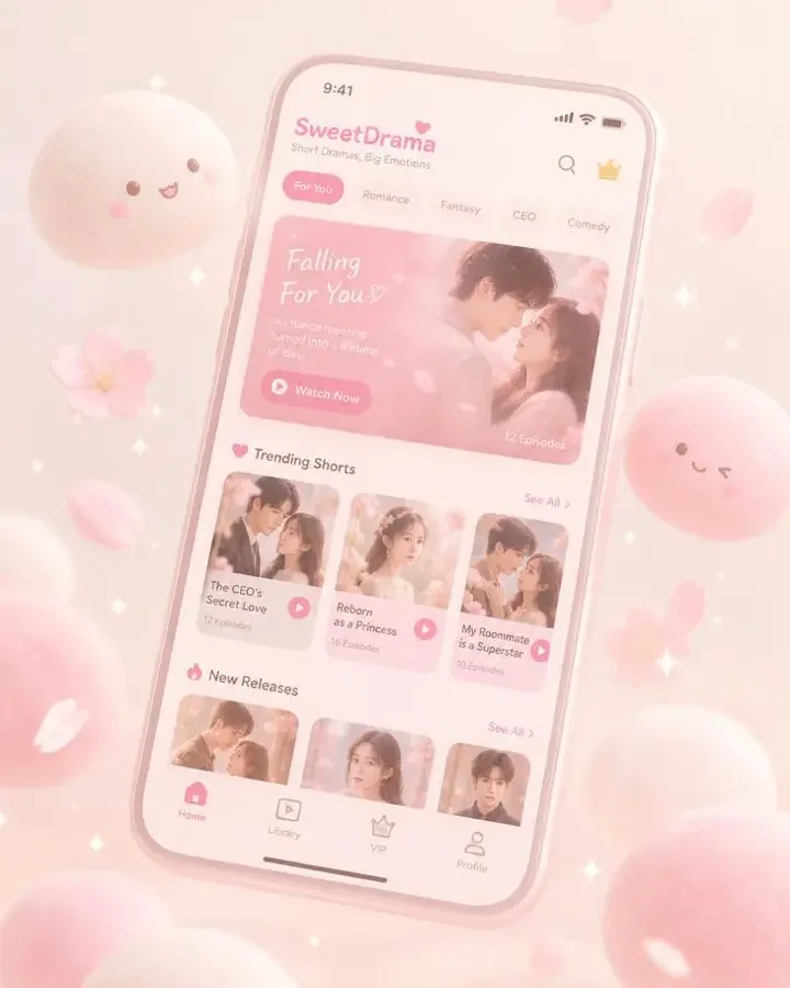 AI漫剧伦理 APP 首页界面示意，展示粉色圆角卡片与播放按钮